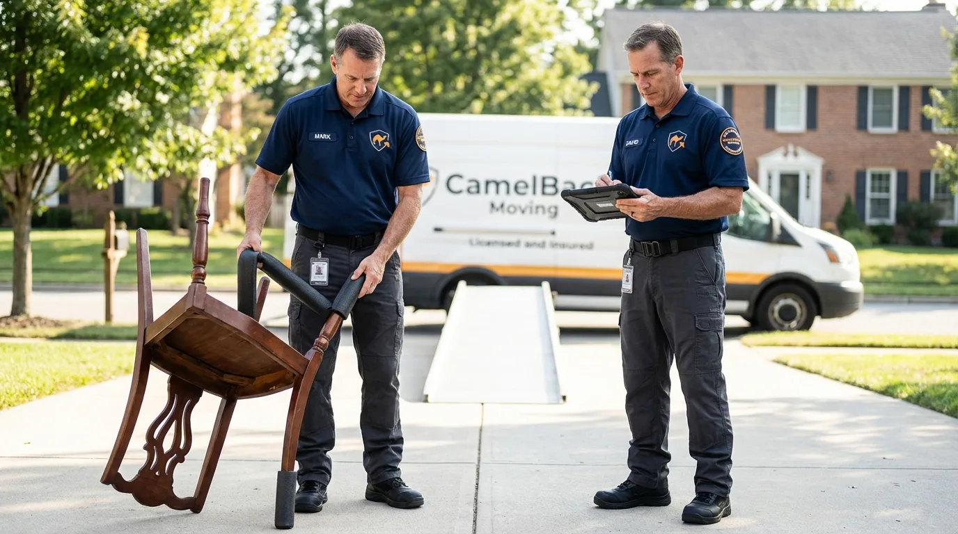 Movers inspecting furniture for damage prevention before loading in Germantown, IL