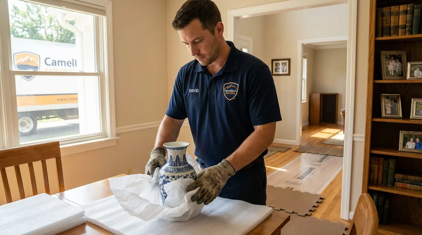 Professional crew carefully wrapping antique vase for senior downsizing move in Germantown, IL